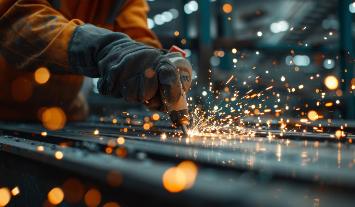 A man works with heavy-duty tools in the steel industry as sparks ignite